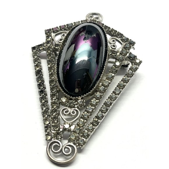Vintage Jewelry - Vintage Hematite Glass Rhinestone Brooch Pin